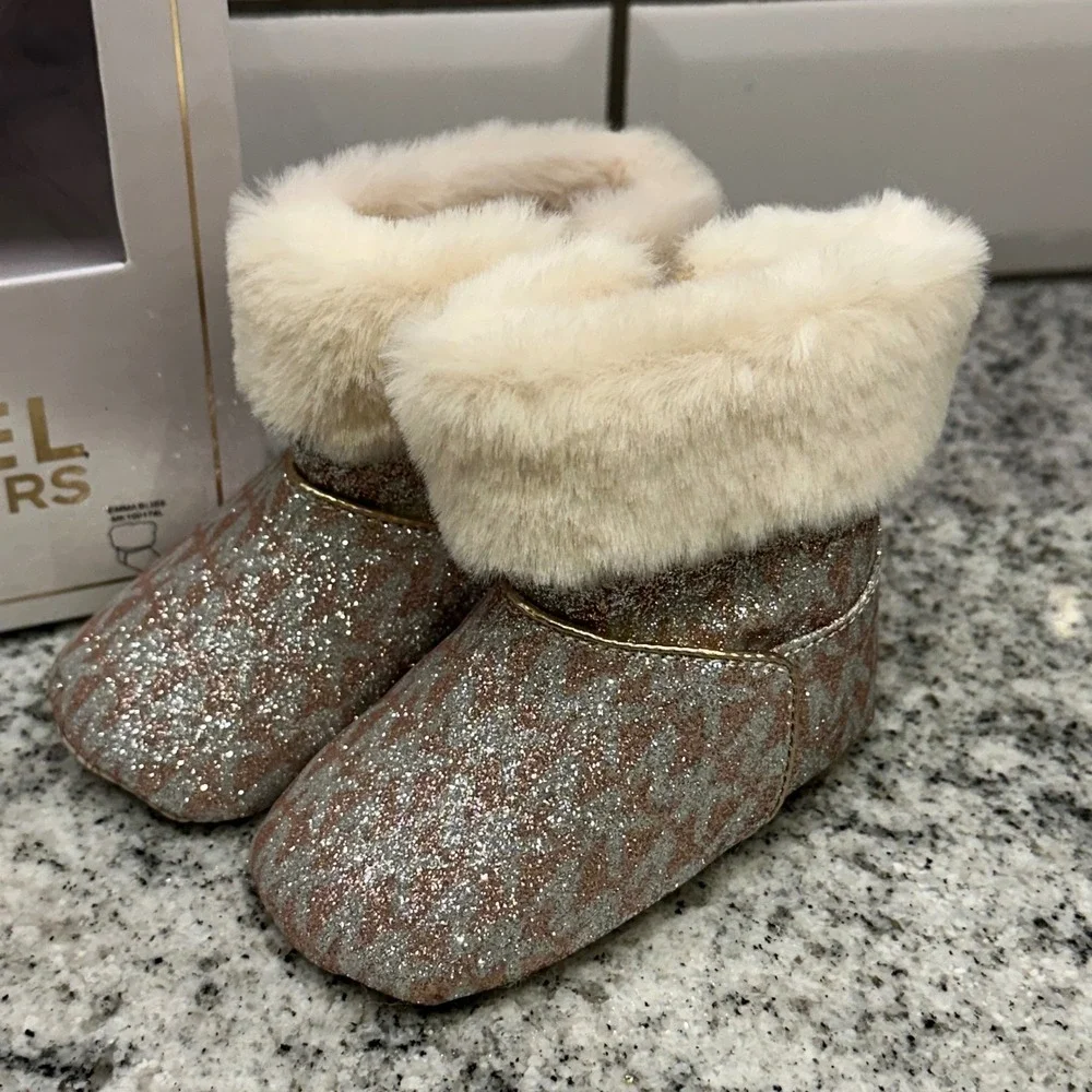 Michael Kors Baby Infant Sz 2 Booties Rose Gold Glitter Faux Fur Emma Bliss Chic